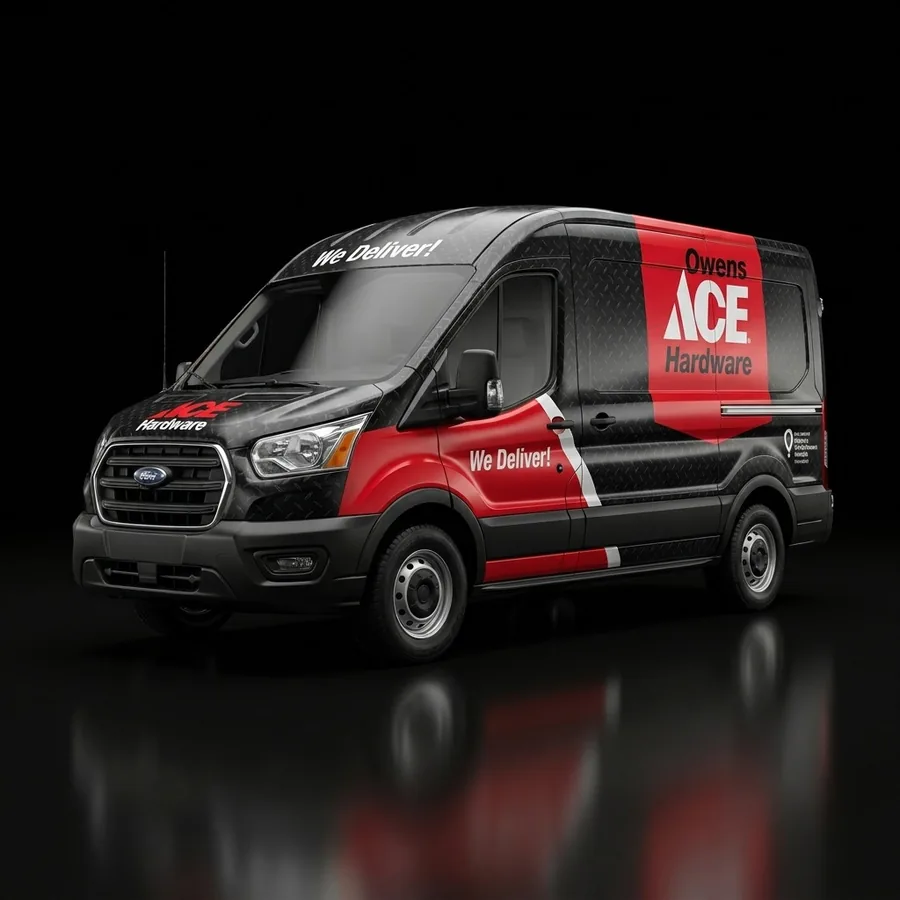 Owens Ace Hardware Ford Transit van wrap in black and red — fleet branding by Wrap It Up Raleigh