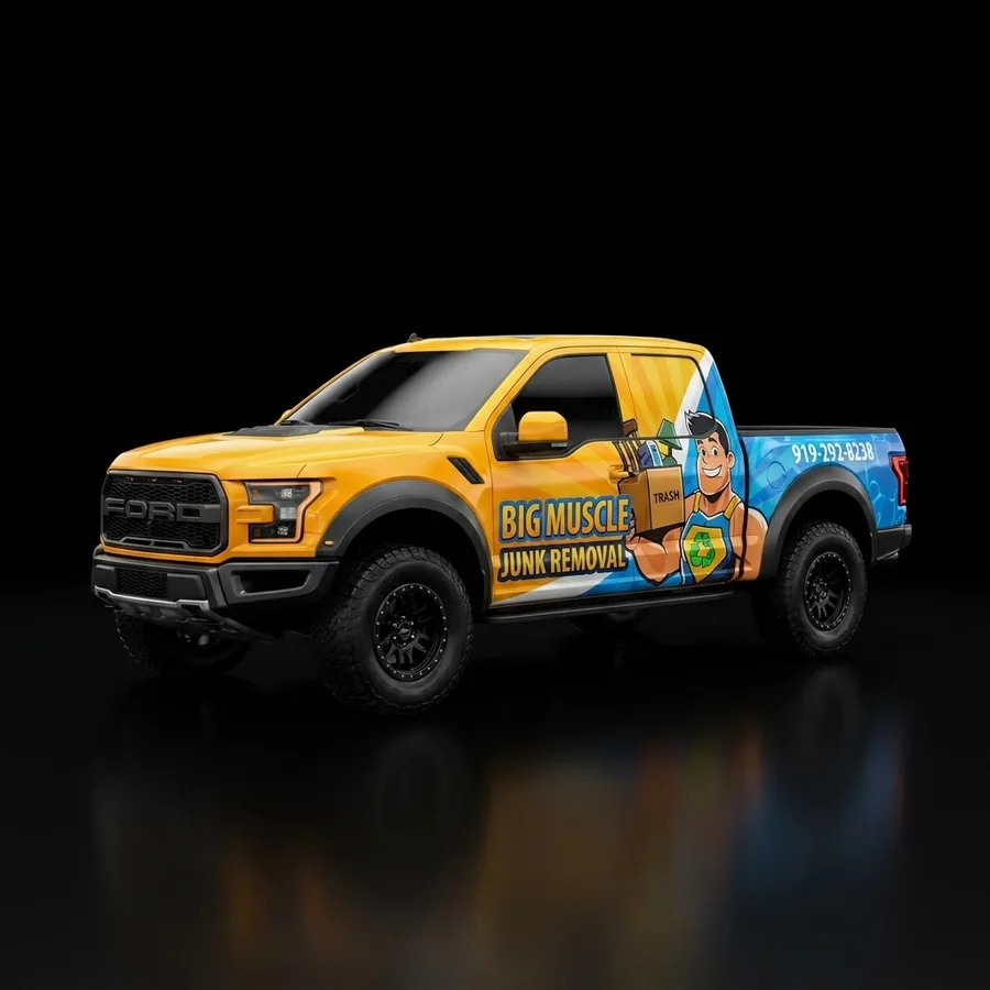 Big Muscle Junk Removal Ford F-150 full vehicle wrap — bold yellow and blue design by Wrap It Up Raleigh