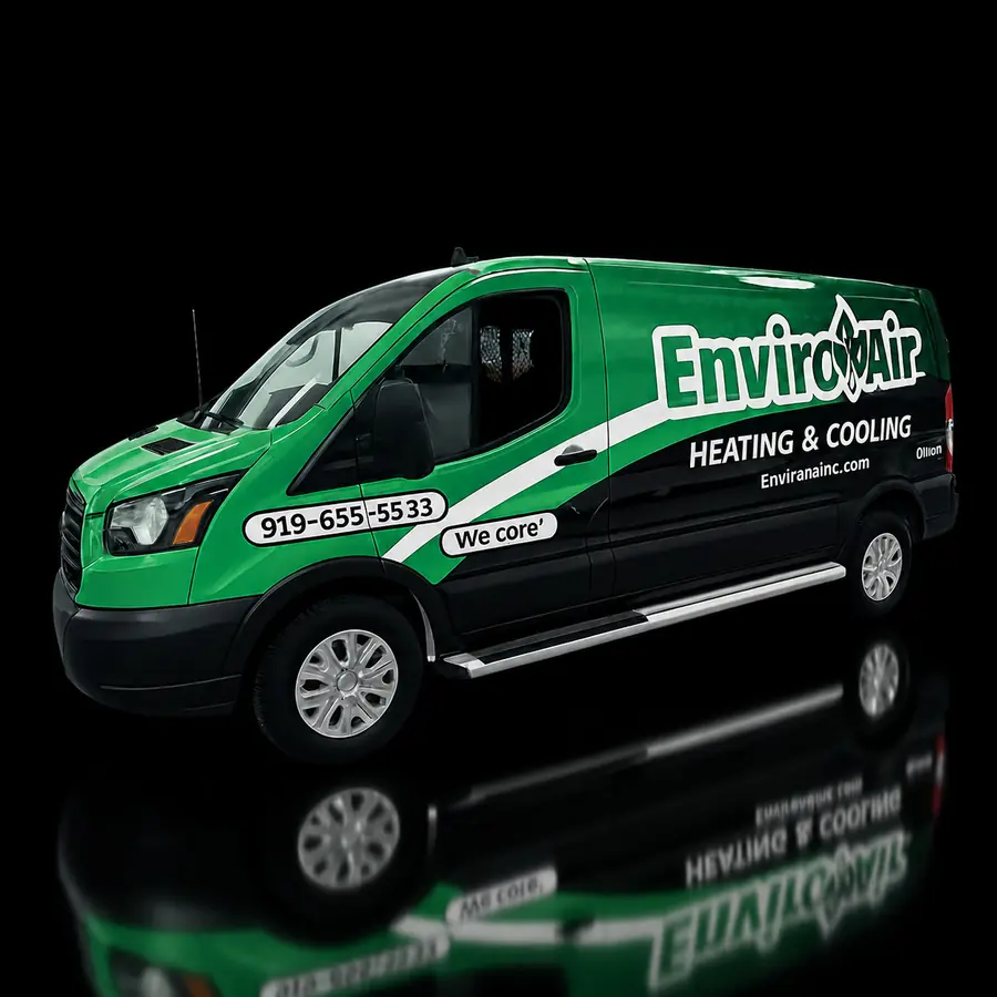 EnviroAir Heating & Cooling Ford Transit cargo van full wrap in green and black — fleet wrap by Wrap It Up Raleigh
